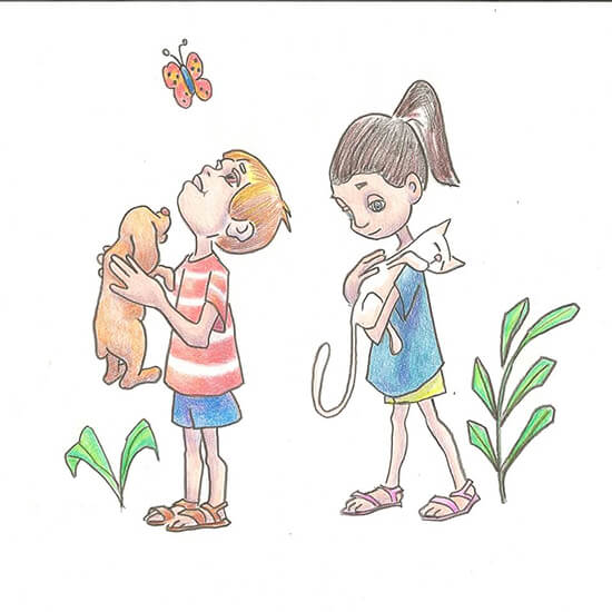 איור ידני עם צבעי עיפרון לספר ילדים ילד וילדה